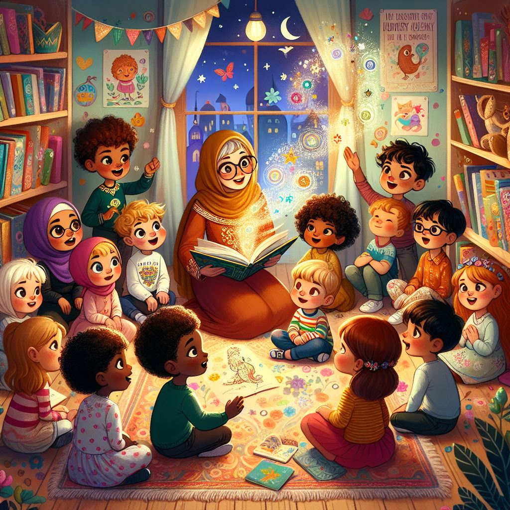 An illustration showing an adult reading a story book with children, sharing rhymes with a message.